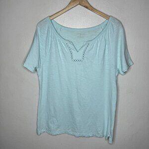 Talbots Light Blue Lace Trim Split Neck Cotton Tee Shirt Womens Medium Tshirt